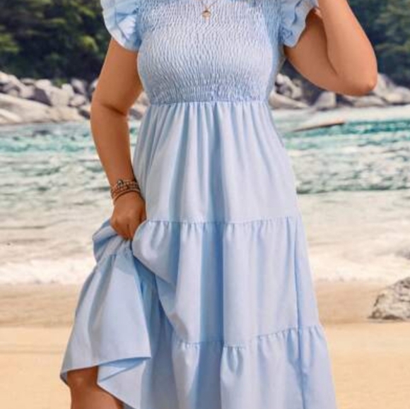 Women's Summer Casual Flutter Short Sleeve Crew Neck Smocked Elastic Waist Tiere - Picture 2 of 4